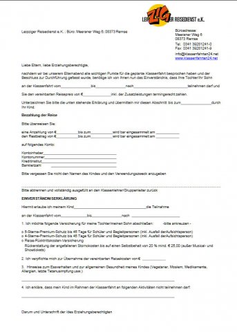 Einverständniserklärung der Eltern